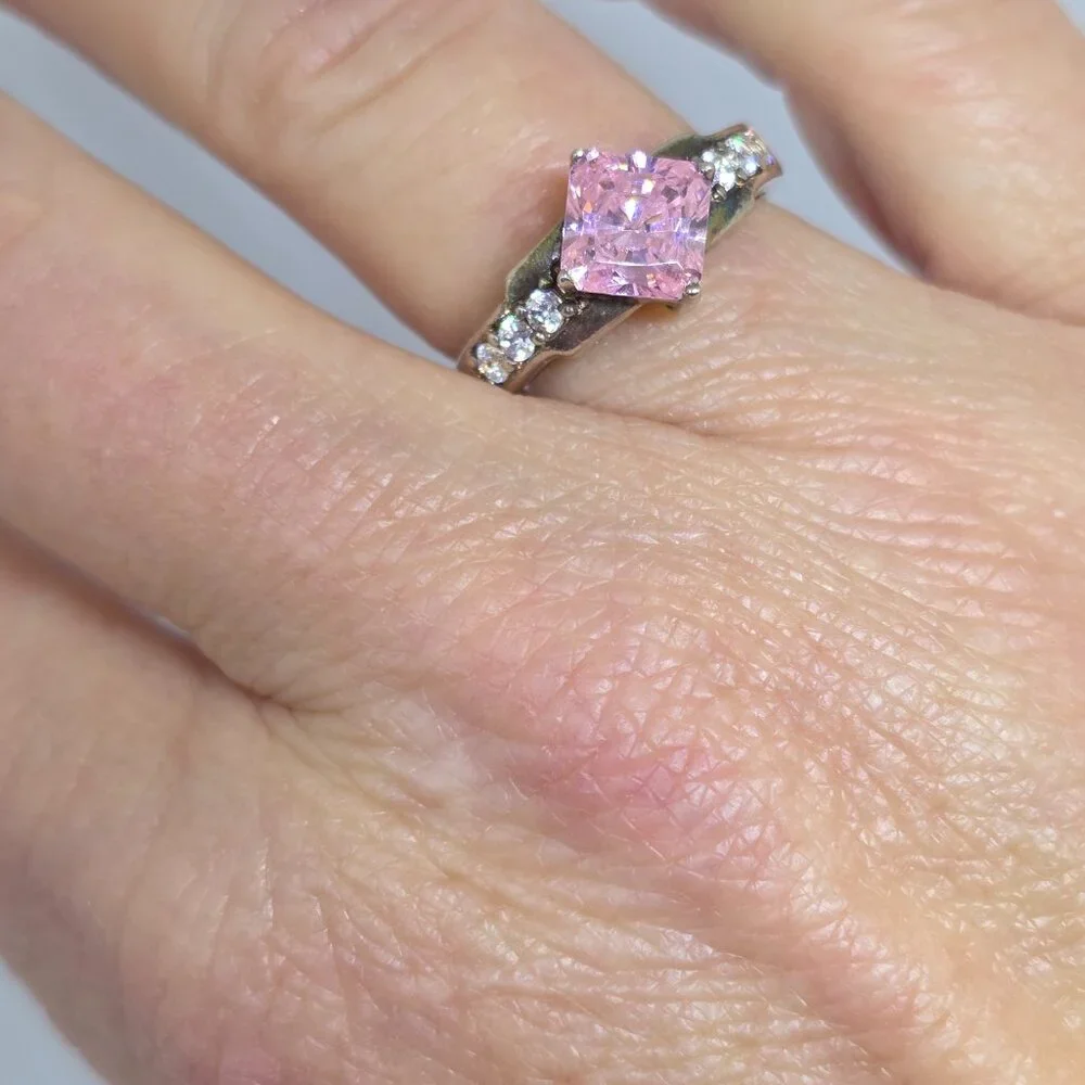 Vintage Sterling Silver Ring with Princess Cut Pink Solitaire Cubic Zirconia